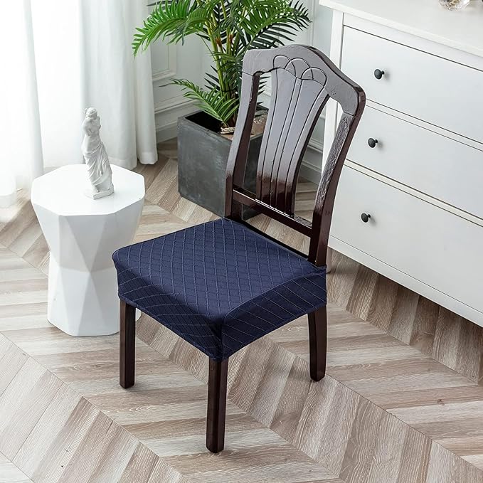 Genina Waterproof Seat Covers for Chairs,Set of 2 Dining Room Chair Seat Covers for Kitchen,Stretch Jacquard Removable Washable Dining Chair Slipcovers Protectors,No Rear Covers, Navy Blue