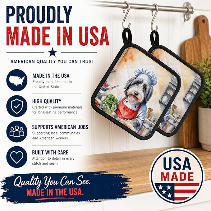 Caroline's Treasures Bearded Collie The Chef Pair of Pot Holders Kitchen Heat Resistant Pot Holders Sets Oven Hot Pads for Cooking Baking BBQ, 7 1/2 x 7 1/2