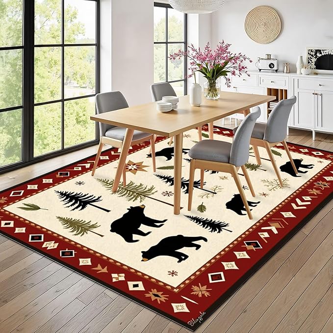 8x10 Area Rugs for Bedroom Boho Washable Man Cave Rug for Living Room Rustic Bear Pine Tree Forest Winter Elements Soft Rubber Backed Non-Slip Large Carpets for Boys