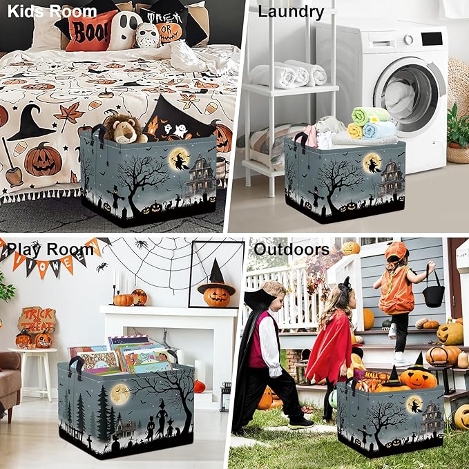 Clastyle Halloween Pumpkin Storage Basket Kid Spooky Book Gift Basket Empty Outdoor Graveyard Jack-o-lantern Boo Bin Baby Nursery Clothes Hamper Toy Box,Witch Bat,40*30*30 cm