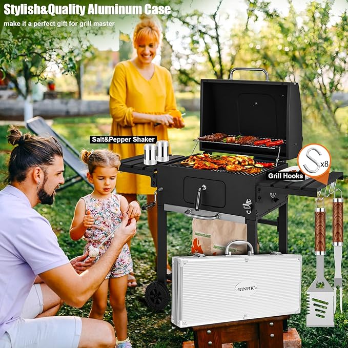 RINPIR 35pcs Deluxe Grilling Gifts Set for Birthday Fathers Day, Stainless Steel BBQ Accessories Kit for Men Dad, Professional Grill Tools Utensils with Scissors, Meat Claws in Aluminum Case Brown