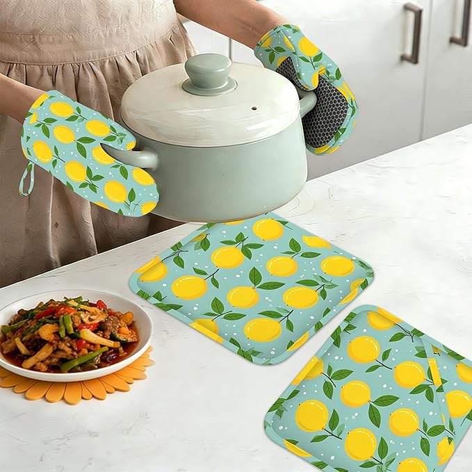 Oven Mitts and Pot Holders Yellow Lemon Silicone Kitchen Accessories Set of 4 Heat Resistant Gloves Potholder Non-Slip Grip for Chef Cooking Baking Grilling BBQ