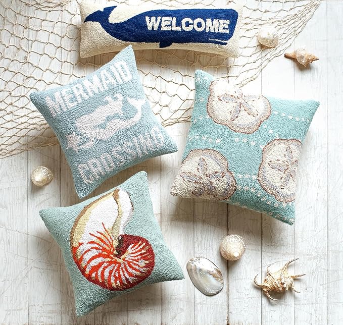 Welcome Whale Wool Hook Coastal Pillow by The Pillow Shoppe, 8x24 Oblong
