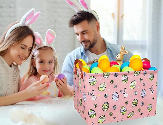 Large Rectangular Easter Baskets Empty Waterproof Boy Toy Box Foldable Kid's Gifts Storage Bin Spring Room Decor(Pink Black Line Egg)