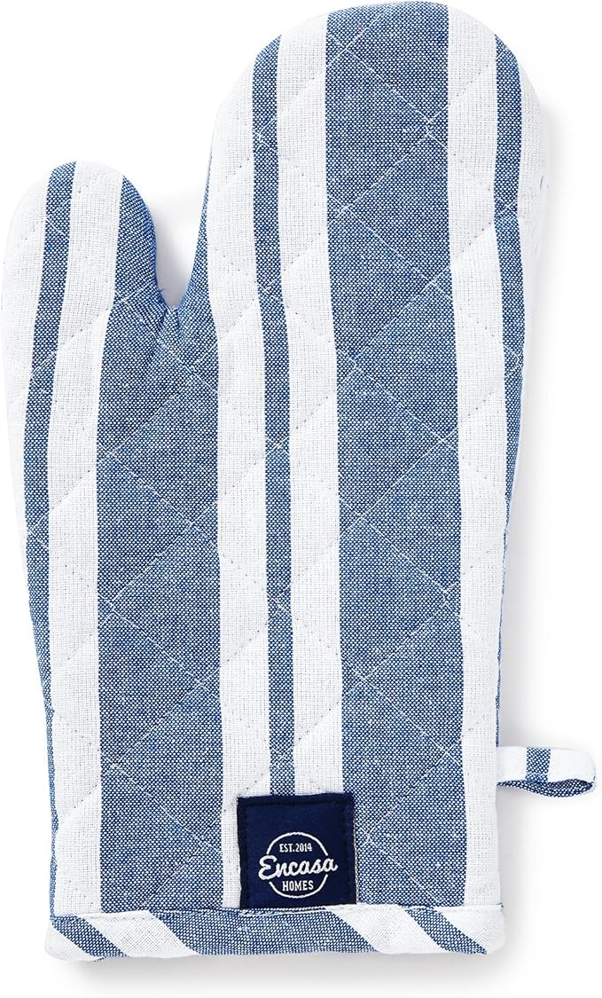 Encasa XO Long 12"x7" Oven Microwave Hand Gloves Mitts (2 pc Set) for Kitchen Cooking & Baking - Heat Resistant, Thick & Safe, Protection of Hands from Hot Utensils - Franca Blue Stripes
