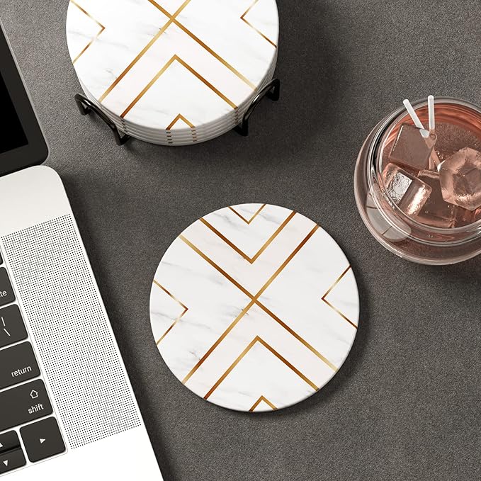 Nipichsha Coasters for Drinks, Set of 6 Cute Absorbent Ceramic Drink Coasters for Cup with Holder and Cork Base, Kitchen Home Decor Housewarming Gift, Round 4 in, White Gold Line