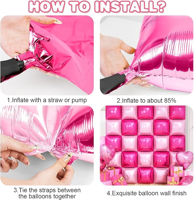 Hot Pink Square Foil Balloon Wall,25Pcs Double Sided Balloons Backdrop Foil Balloon Tunnel Arch Garland Kit for Valentine's Day Birthday Bridal Anniversary Baby Shower Party Decorations