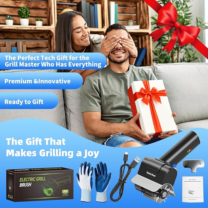 Electric Grill Brush with Dual Safety Lock - 2026 TikTok Ideal Gift for Men Dad Husband, Professional BBQ Cleaner with Submersible 304 SS Head, Splash-Proof Scrubber for Grill (Blue Button)