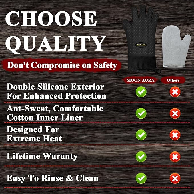 Silicone Smoker Oven Gloves - BBQ Gloves with Sharp Knife, Basting Brush and Sticky Hook.