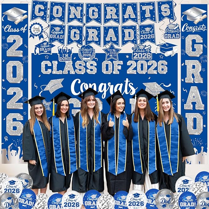 Graduation Decorations Class of 2026, Blue and Silver Graduation Decorations Include Grad Backdrop, Banner, Hanging Swirls, Porch Sign, Balloons for Congrats Grad Party Supplies