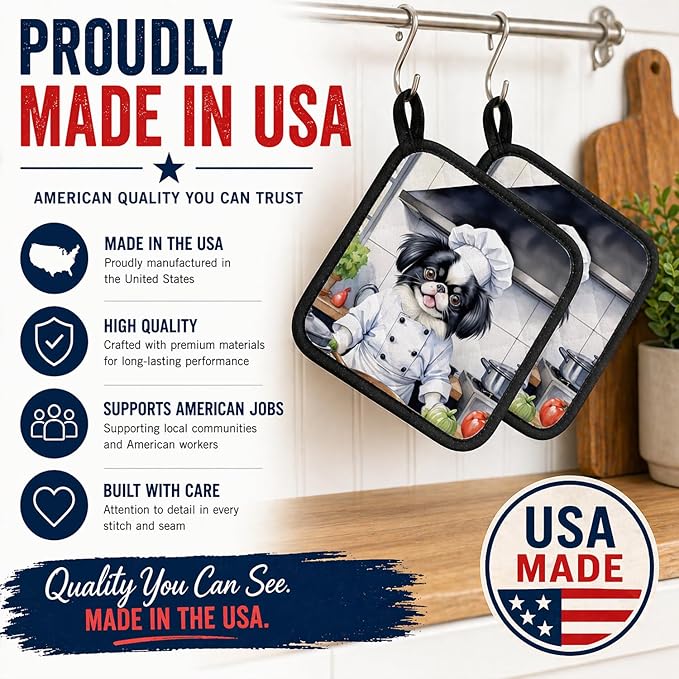 Caroline's Treasures Japanese Chin The Chef Pair of Pot Holders Kitchen Heat Resistant Pot Holders Sets Oven Hot Pads for Cooking Baking BBQ, 7 1/2 x 7 1/2