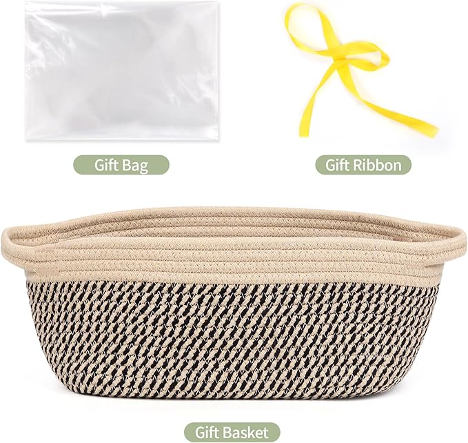 Large Gift Basket Empty with Handles, 12x8x5 inch - Medium Woven Rope Bin for Adult, Men, Boys, Pet Toys, Shelves - With Gift Bag & Ribbon, Washable, Resuable - Dark Brown