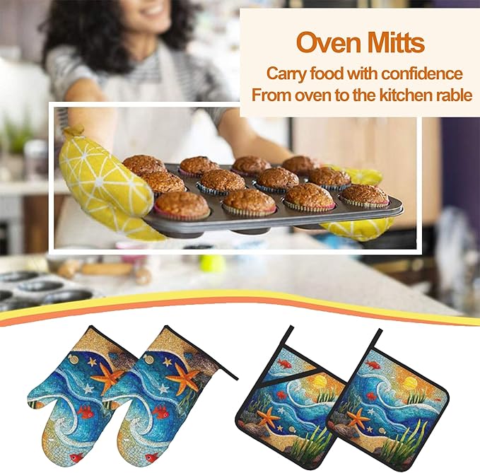 Abstract Ocean Oven Mitts & Potholder Set of 4 - Flower Heat Resistant Kitchen Gloves Hot Pads for Baking, Cooking, Gifts for Women