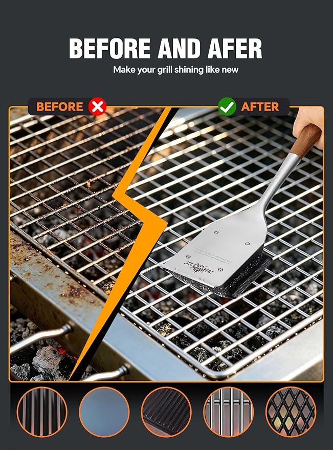 XUDKAKAIXIN Grill Brush Bristle Free,No Bristle Shedding,with 2 Replacement Head,Unique Steel Fibers Pad Perfect for Cast Iron/Stainless-Steel Grates-,Grill Cleaner for Outdoor Gril
