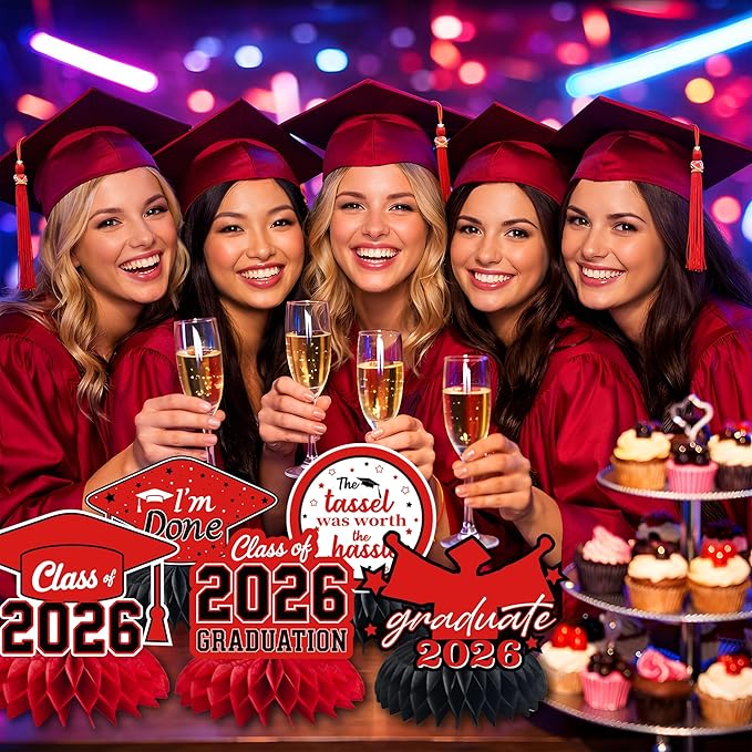 Graduation Decorations 2026 - Red Graduation Honeycomb for Table Centerpiece | Graduation Party Decorations Class of 2026,Table Toppers for Graduation Party Favors Supplies Indoor Outdoor