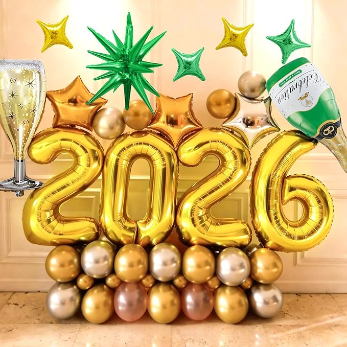 Gold 2026 Balloons, 40 Inch Number Gold Foil Balloons, Gold and Green Star Balloon with Champagne Bottle Glass Balloon for Happy New Years Eve Party Supplies 2026 Class of 2026 Graduation Decorations