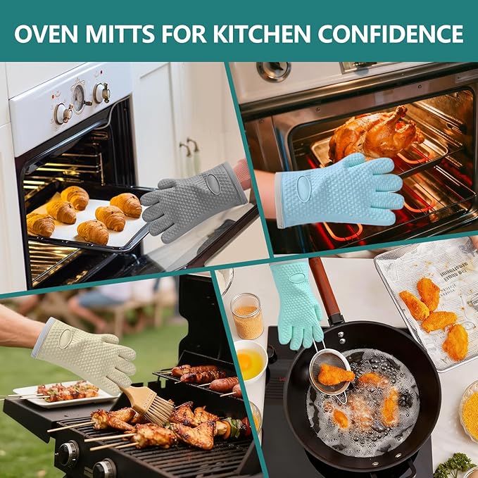 Silicone Oven Mitts Oven Gloves with Fingers, Oven Mitts Heat Resistant 450°F, Oven Mits Waterproof & Non-Slip, Cotton Lined for Kitchen, Home, Baking, BBQ, 2 Piece (Green)