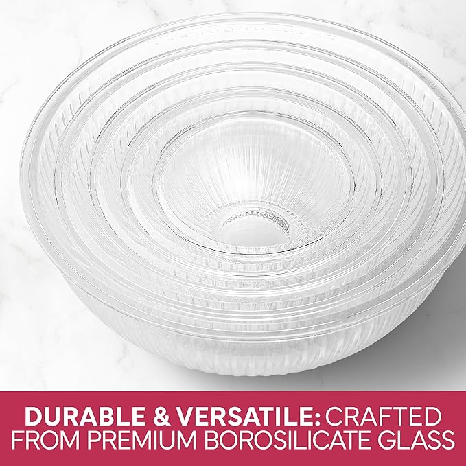COOK WITH COLOR 12 Pc Glass Mixing Bowl Set with Lids – Borosilicate Glass Nesting Bowls for Cooking, Baking and Meal Prep, Fluted Rose