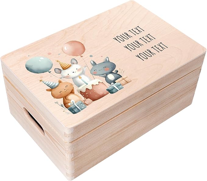 Creative Deco Personalized Wooden Storage Box Child Birthday Box | 11.8x7.87x5.51in (+-0.5) | Hinged Lid Handles & Engraving | Birthday Gift Box | Rough UNSANDED Keepsake Memory Souvenir