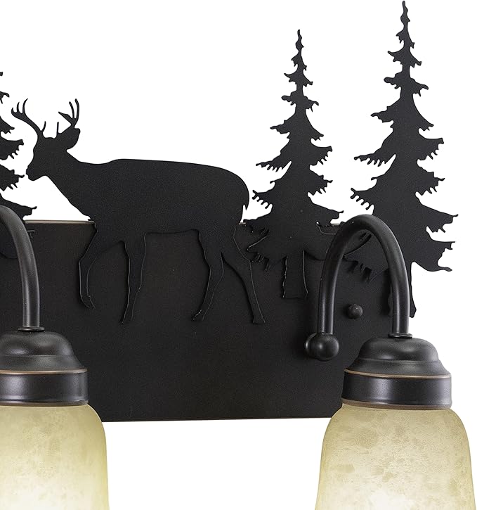 VAXCEL Bryce 2-Light 16.75 inch Wide Burnished Bronze Rustic Cabine Bathroom Vanity Lighting Fixture, Amber Flake Glass Shade, Deer and Trees, Dimmable, LED Compatible, Over the Mirror Wall Mounted