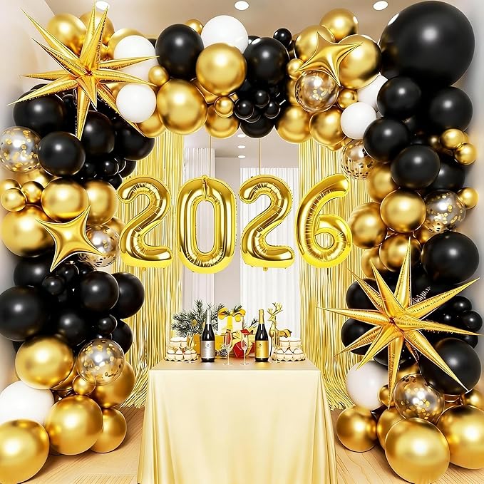Happy New Years Decorations 2026 with Gold Fringe Curtain 2026 Number Foil Balloon Black Gold White Balloons for New Years Eve Nye Decoration 2026