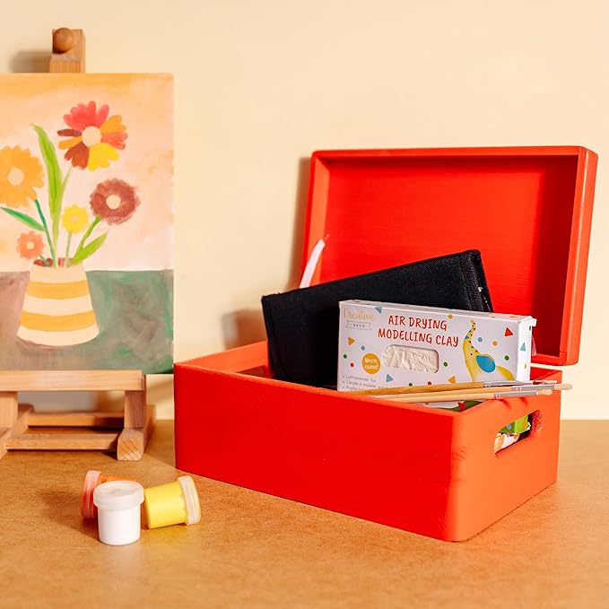 Creative Deco Large Red Wooden Box Storage with Hinged Lid | 11.8x7.87x5.51in (+-0.5) | Keepsake with Handles | Gift Box for Tool Dog Toy Shoes Kitchen Storage | Wood Keepsake Chest Trunk