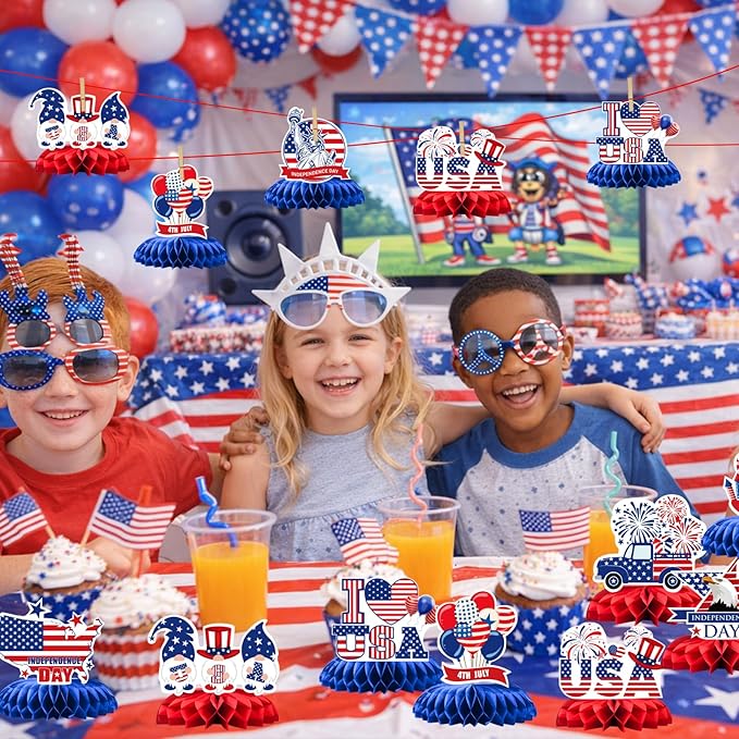 4th of July Honeycomb Centerpieces - 9PCS Patriotic Themed Table Decorations, Red White Blue Independence Day Party Supplies for Patriotic Events American Theme Gatherings