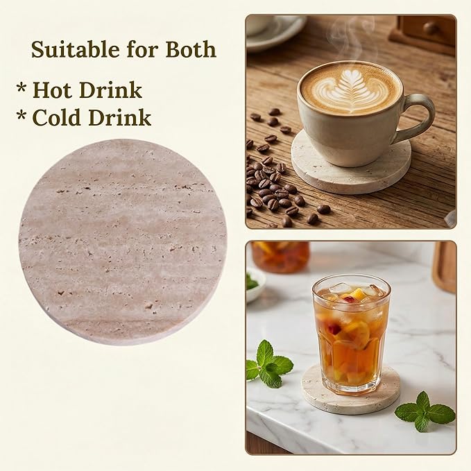 CASACOUTURE-Travertine-Stone-Coasters Set of 4-Round -4" Diameter Drink Coasters for Housewarming Gift, Desktop Protection Suitable for Various Cups - Sturdy and Durable Aesthetics