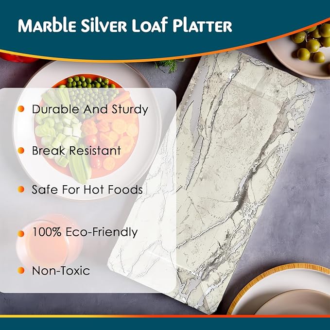 Elegant Marble Silver Loaf Rectangular Disposable Paper Platter - 16" x 7" (Pack of 3) - Perfect for Serving Bread, Cakes, & Desserts at Special Events