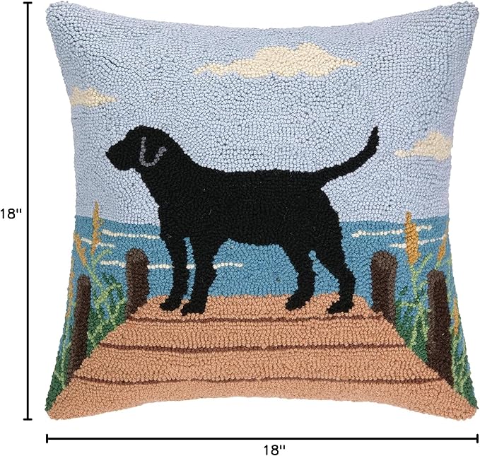Black Lab on Dock Wool Hook Pillow for Lake House or Cabin by The Pillow Shoppe, 18" Square