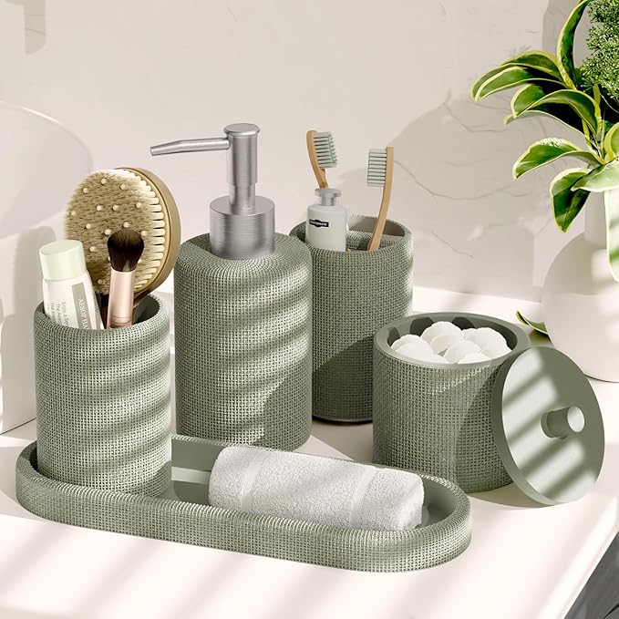 Clara Clark Sage Green Bathroom Set - Bathroom Sets with Shower Curtain and Rugs, 21PC Bathroom Accessory Set, Shower Curtain Set with Soap Dispenser & Toothbrush Holder