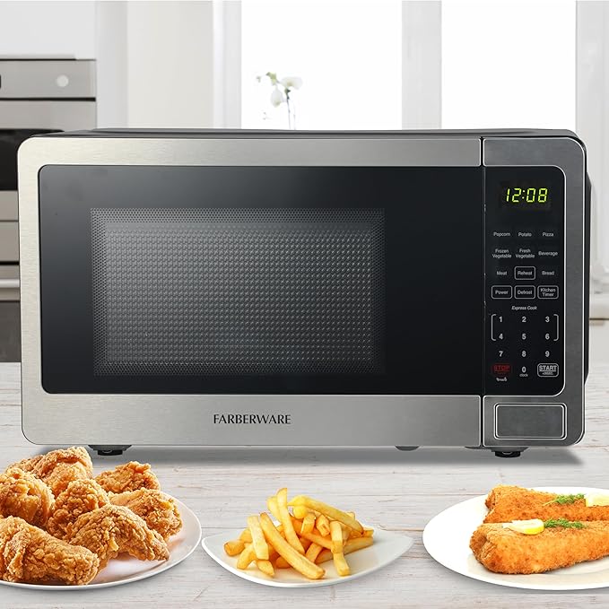 Farberware 0.7 Cu. Ft. Stainless Steel Microwave Oven, 700-Watt with LED Display, 10 Power Levels, 8 Auto-Cook Presets, Express Cooking, Weight & Time Defrost