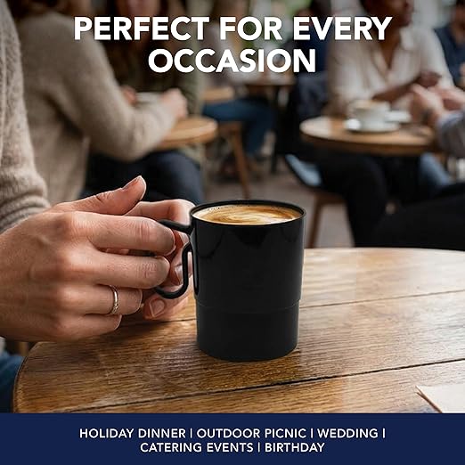 Party Essentials Bistro Hard Plastic Coffee Cup/Tea Mug w/Handle, 40 Count, 8-Ounce, Black