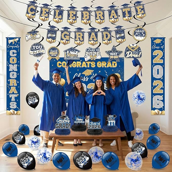 Blue 2026 Graduation Party Decor Kit-Includes Backdrop, Banner, Balloons, Hanging Ornaments & Honeycomb Decorations for Class of 2026 -Full Set for High School and University Graduation Events