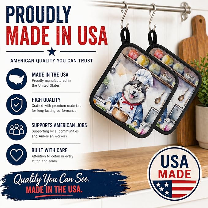 Caroline's Treasures Alaskan Malamute The Chef Pair of Pot Holders Kitchen Heat Resistant Pot Holders Sets Oven Hot Pads for Cooking Baking BBQ, 7 1/2 x 7 1/2