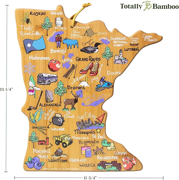 Totally Bamboo Minnesota State Shaped Cutting Board and Charcuterie Serving Platter with Artwork by Fish Kiss, Includes Hang Tie for Wall Display