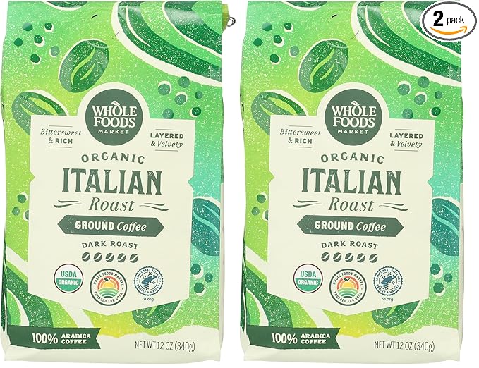 WHOLE FOODS MARKET Organic Ground Italian Roast Coffee, 12 OZ (Pack of 2)