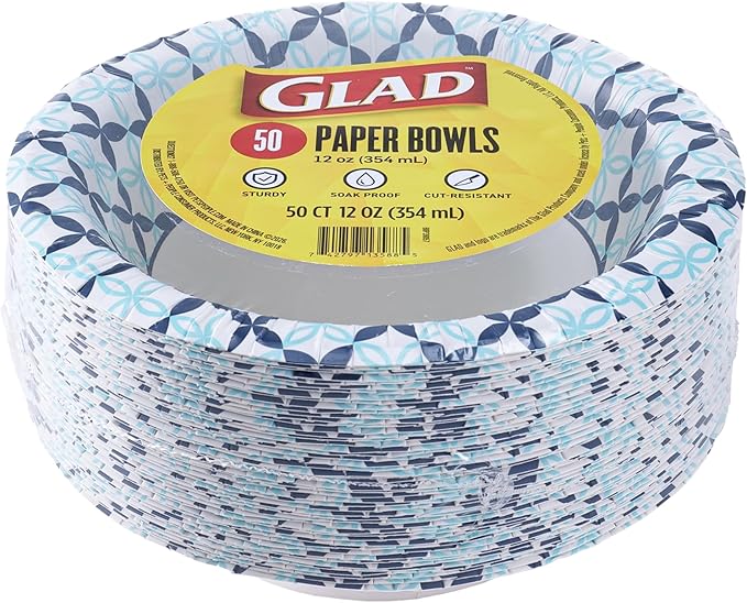 Glad Round Disposable Paper Bowls, Blue Happy Daisies Design, 16 Oz, 50 Count – Soak-Proof & Cut-Resistant – For Soup, Cereal, Salads & Everyday Use