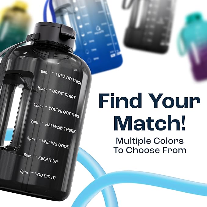 AQUAFIT Half Gallon Water Bottle with Time Marker - Straw & Chug Lid - BPA Free Gym Water Bottle with Straw - Big Gallon Jug (Blue, 64 oz - 2 Lids)