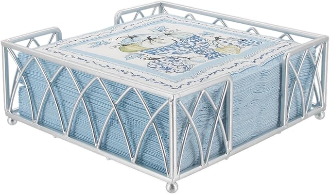 Boston International Paper Napkin Holder Caddy Dispenser for Kitchen Dining Buffet & Bar Countertops, 6.75" x 6.75" (Fits Lunch Size), Silver Arch