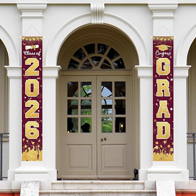2026 Graduation Party Decorations - Maroon Gold Class of 2026 Congrats Grad Porch Sign Banner Hanging Flag Graduation Party Supplies for School College Classroom Decor