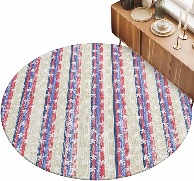Washable Round Area Rug American Star Stripe Circle Rugs Floor Carpet for Living Room Bedroom, Retro Independence Day Theme Soft Non Slip Round Rug 5ft
