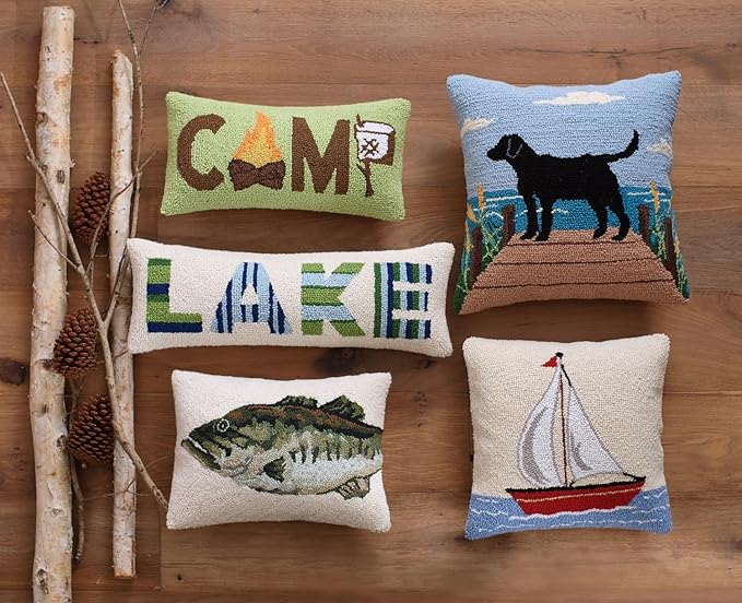 Canoe Bear Wool Hook Pillow for Lake House or Cabin by The Pillow Shoppe, 14x20 Oblong