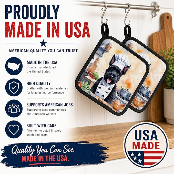 Caroline's Treasures Scottish Terrier The Chef Pair of Pot Holders Kitchen Heat Resistant Pot Holders Sets Oven Hot Pads for Cooking Baking BBQ, 7 1/2 x 7 1/2