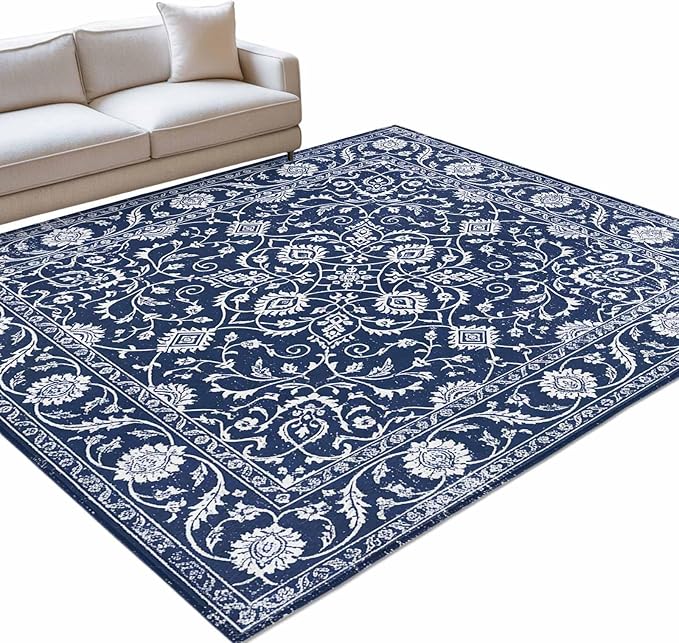 Area Rug 8x10ft, Navy Blue Paisley Floral Texture Washable Rugs for Living Room Bedroom, Vintage Tribe Flower Soft Non-Slip Area Rugs Rectangle Floor Carpet for Dining Room