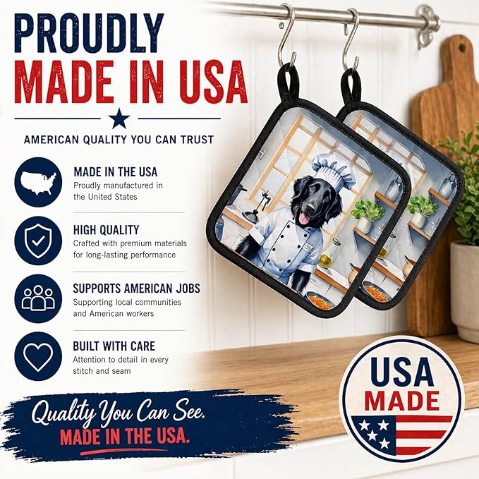 Caroline's Treasures Flat-Coated Retriever The Chef Pair of Pot Holders Kitchen Heat Resistant Pot Holders Sets Oven Hot Pads for Cooking Baking BBQ, 7 1/2 x 7 1/2