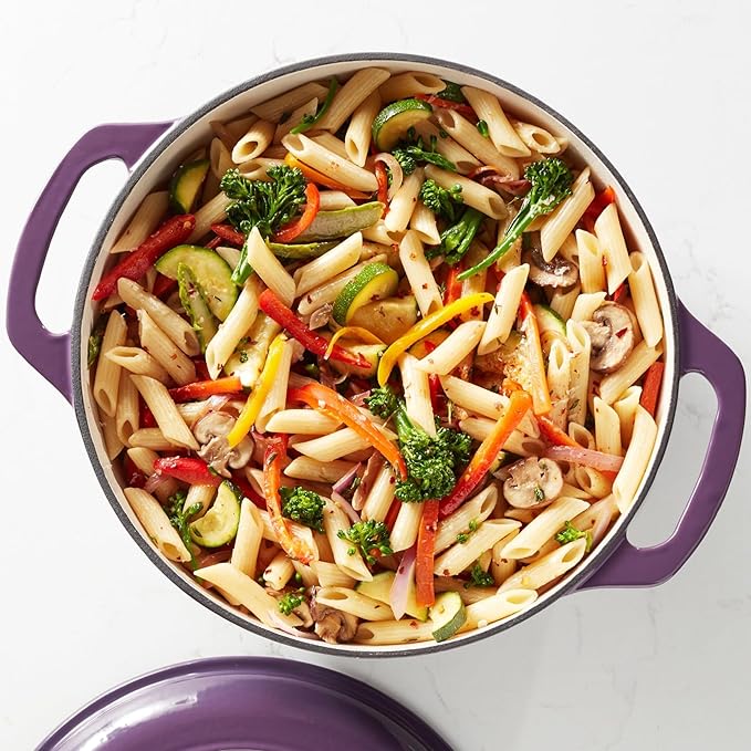 Amazon Basics Enameled Cast Iron Dutch Oven Pot with Lid, Round, Dual Handles, Heavy-Duty, Oven Safe for Stews, Roasting, Baking, 6-Quart, Purple