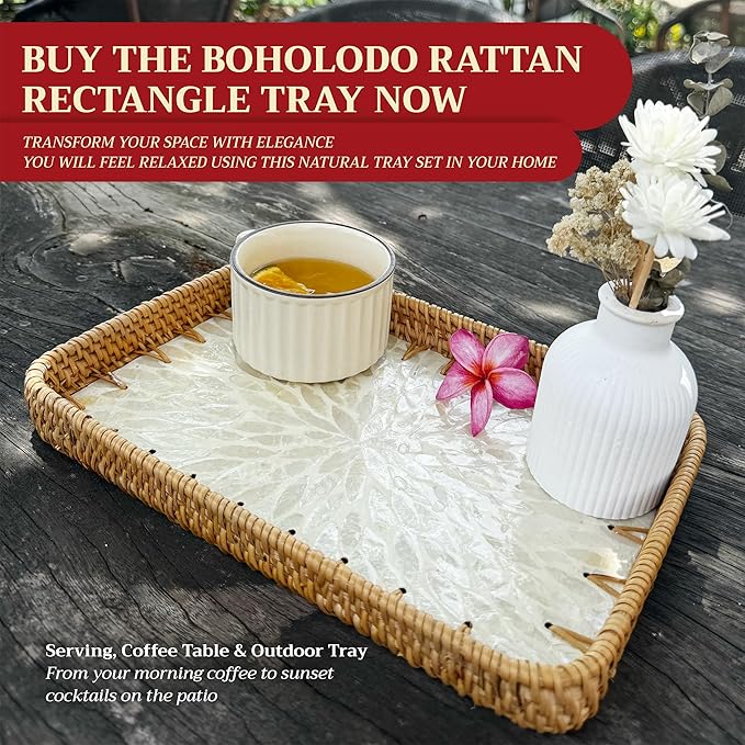 Rattan Rectangle Tray with Mother of Pearl Inlay – Unique Decorative Rattan Serving Tray for Coffee Table, Bathroom Vanity, Perfume & Nightstand – Ideals for Housewarming (White 11.8")