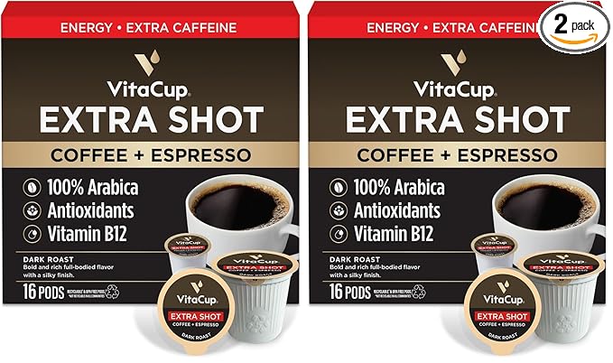 VitaCup Extra Shot Strong Coffee Pods, Bold & Intense Dark Roast w/Espresso Shot, High Caffeine, Vitamin B12, Antioxidants, Recyclable Single Serve Pod Compatible w/Keurig K-Cup Brewers, 16ct