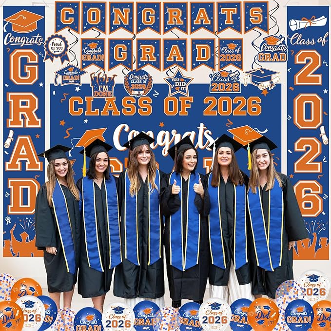 Graduation Blue and Orange Decorations 2026 Include Grad Backdrop, Banner, Hanging Swirls, Porch Sign, Balloons for Congrats Grad Party Decorations